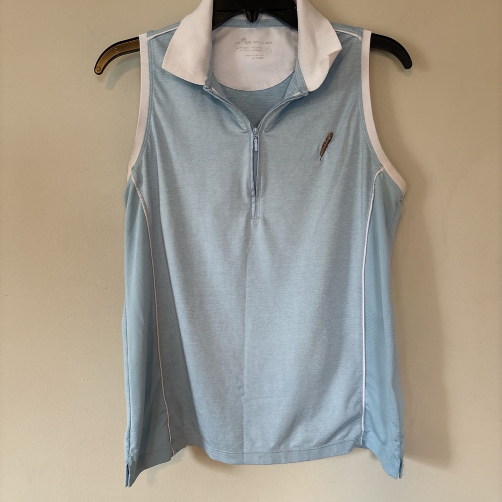 Peter Millar Women’s Light Blue Sleeveless Golf Polo Shirt Sz Large Feather